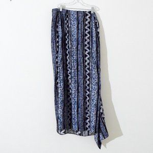 ABRIA Vintage Navy Blue Faux Wrap Tribal Print Sarong Wrap Maxi Skirt | Size M